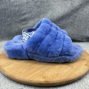 UGG Fluff Yeah Slide Slippers Womens Size 8 Blue Shearling Fuzzy Shoes Indoor